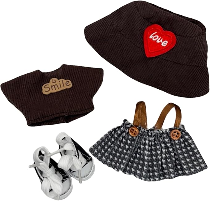 Clothes for 17cm Doll (Clothes Only) – 4-Piece Set with Brown Hat, T-Shirt, Dress, and Canvas Shoes for a Cute and Stylish Look – Fashion Handmade Accessories for 17cm Doll