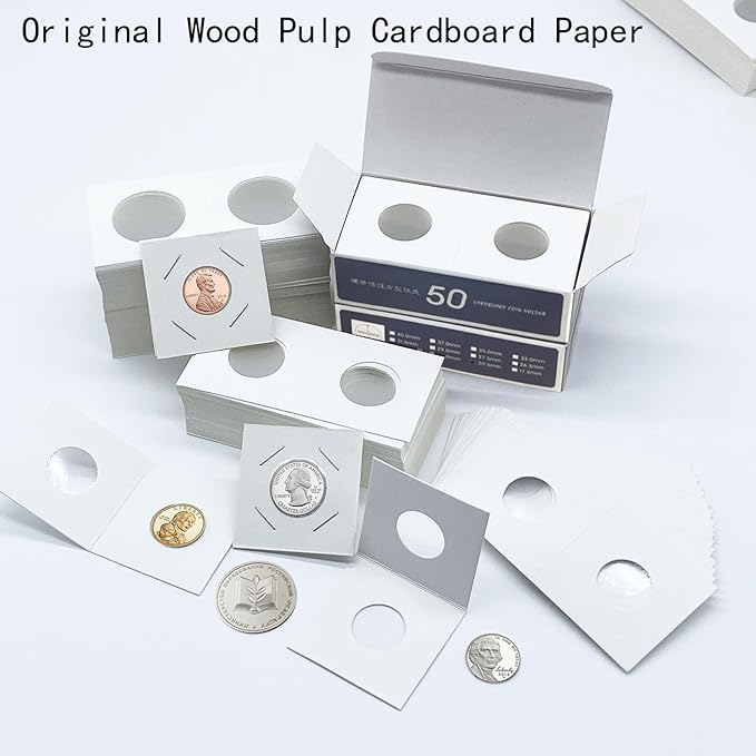 400 PCS Cardboard Coin Flips with 20 Sheets Coin Pocket Pages, 8 Assorted Sizes 2" x 2" Cardboard Coin Holders Coin Flips Coin Collection Supplies for Dime, Dollars, Penny, Quarter, Nickels Collecting