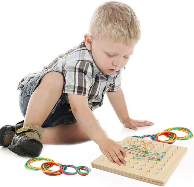 Kizh Wooden Geoboard Math Manipulative Material Graphical Geo Board Montessori Educational Toys Array Block Pattern Cards and Rubber Bands STEM Puzzle Matrix 8x8 Brain Teaser Toys