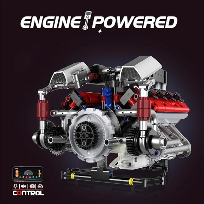 39008 V8 Engine Model Kit, Runnable, Build Your own STEM Visible Mini V8 Engine Model Kit with Lights, Adult and Adolescent Physics Science Experiment Building Block Set (700 Pcs)