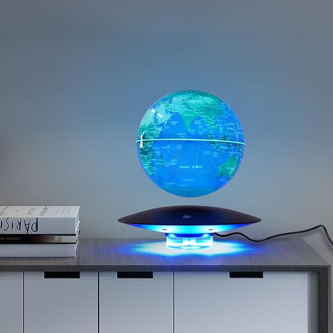 6" Magnetic Levitating Globe, 360°Rotating Geographic Globes Levitating Globes with LED Light Floating Magnetic Levitation Floating Globe for Desk Home Office Study Room(Dark Blue+Black/Style B)