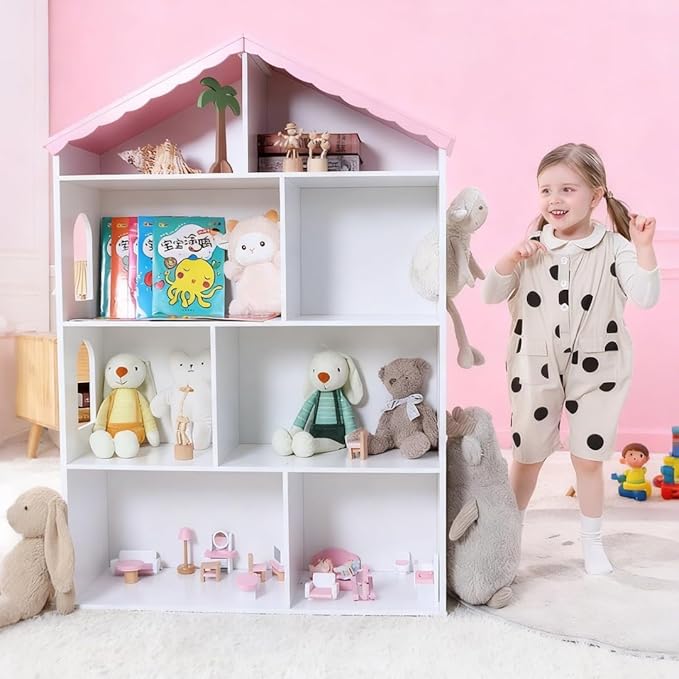 Wooden Dollhouse Bookshelf 4-Tier Children's Bookcase Display Storage Doll House Organizer Furniture for Kids Bedroom Playroom Nursery Kindergarten Gift for Boys Girls Ages 3-8 Years Old