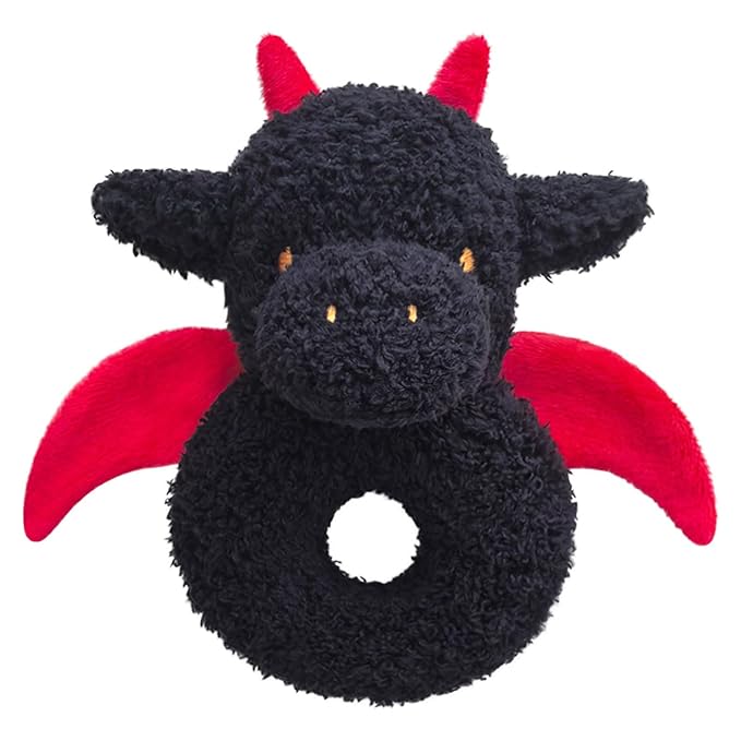 Baby Dragon Soft Rattle Toy, Plush Dinosaur Infant Shaker Rattle Easy-Grasp Stuffed Animal Toy, Gifts for Newborns Babies Toddlers Boys Girls, Black, 6 Inches