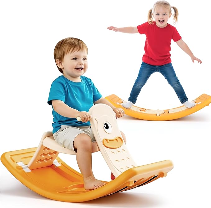 Rocking Horse 2 in 1 Wobble Balance Board for Kids 3-5 Year Old Rocker Board Baby Rocking Toy with Pedal and Backrest Open Ended Learning Toy for Preschool Birthday Christmas, Duck Design