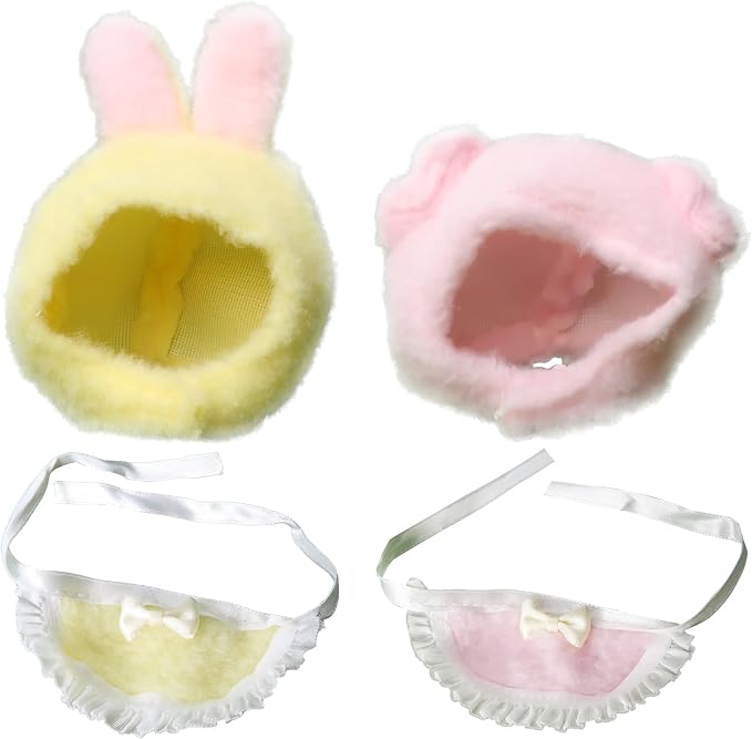 2 Sets of Clothes for Doll, 4 Pcs Accessories for 17cm & 15cm Outfits (No Doll), Double Joy Twin Pack - Small Pink Pig Head Cover + Pink bib, + Milk Powder Rabbit Head Cover + Yellow bib