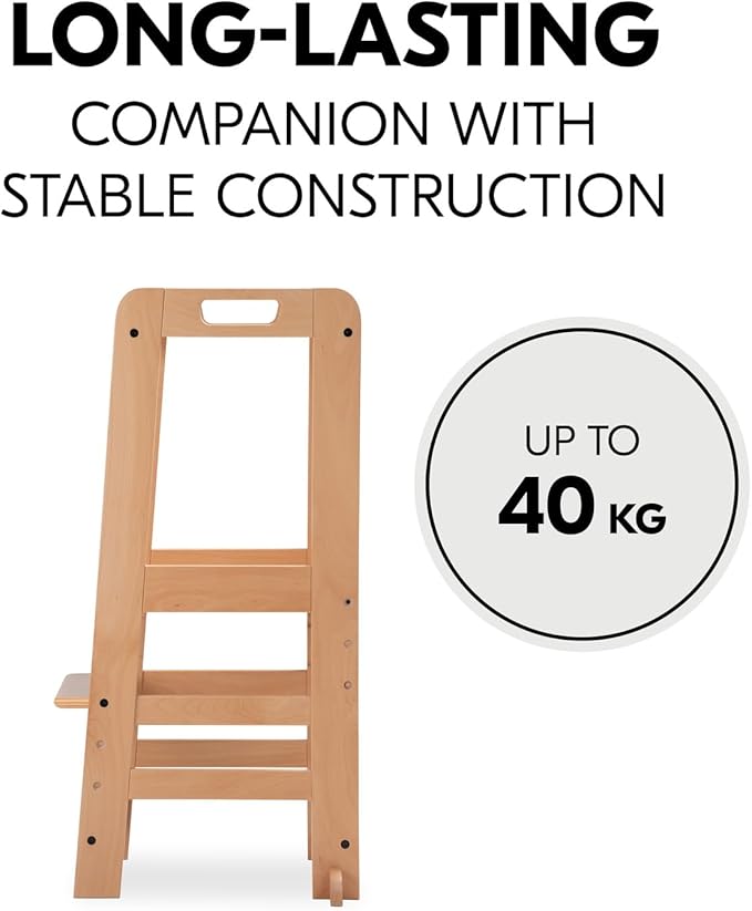 Hauck Learn N Explore Montessori Toddler Tower, Adjustable Wooden Kitchen & Bathroom Step Stool Helper for Home Use with Kids Ages 1+, Natural
