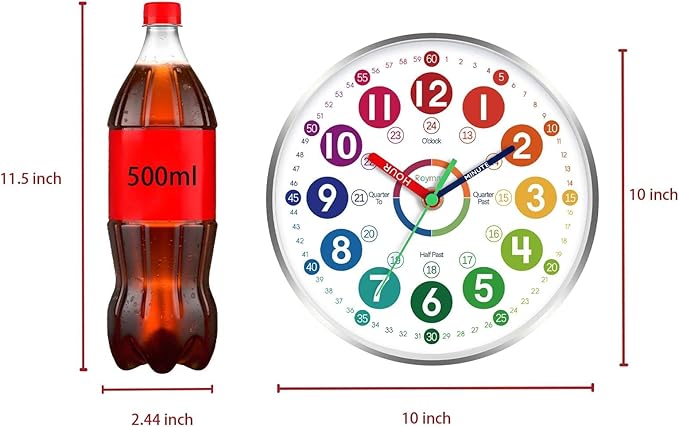 Wall Clock for Kids Learning - Teaching Time Wall Clocks Battery Operated Silent Non Ticking - Analog Colorful Clock Decorative for Kids Room Classroom School(10 Inch&Silver)