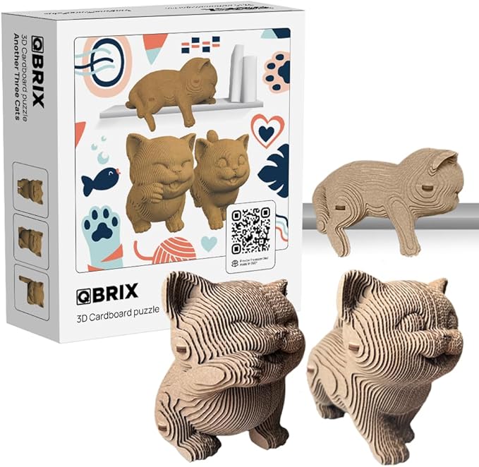 QBRIX Another 3 Cats 3D Puzzle for Adults, DIY Craft Kit for Home Decor, 3D Model Kit for Teens, Creative Gift for Boys & Girls 14+, Cardboard Model Building Kit