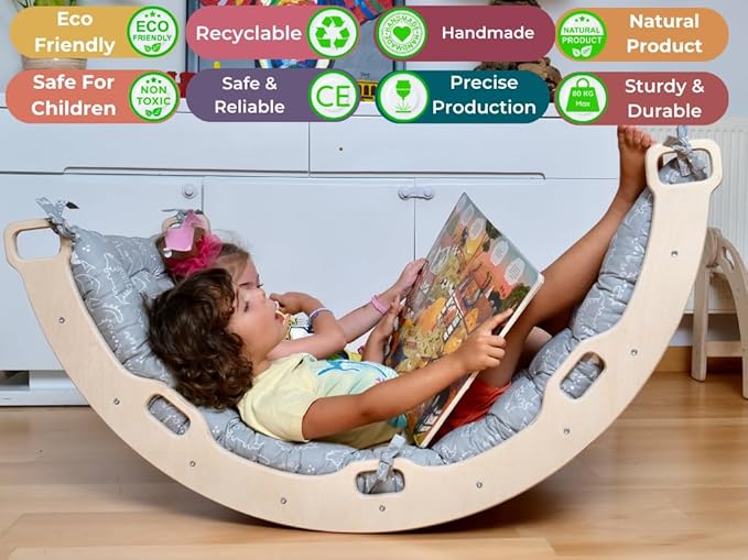 Climbing Arch | Montessori Rocker Arch | Arch with Cosy Pillow | Wooden Climbing Arch with Cushion | Wooden Climbing Arch and Rocker | Indoor Playground Cosy Cushion Rocker (Dino)
