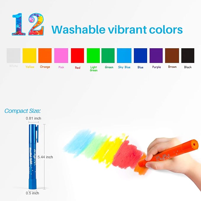 Washable Tempera Paint Sticks | Non-Toxic, Quick Drying & No Mess Paint Sticks for Kids, Best Art Birthday Gifts for Kids (12 Colors)