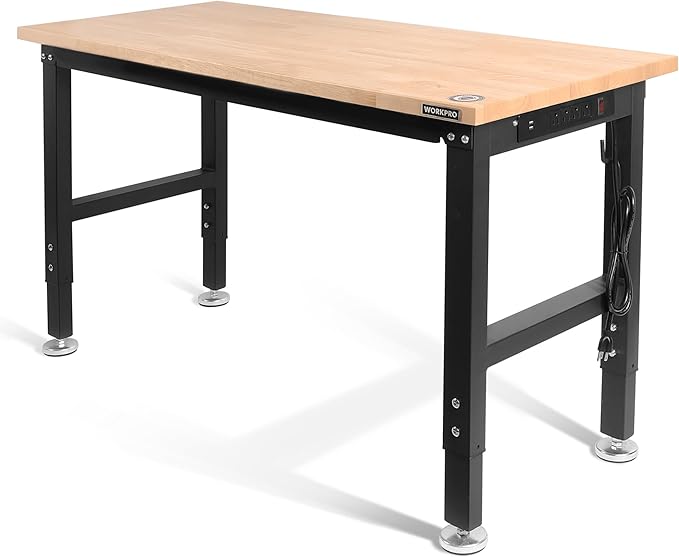 WORKPRO 48" Adjustable Workbench, Rubber Wood Top Heavy-Duty Workstation, 2000 LBS Load Capacity Hardwood Worktable with Power Outlets, for Workshop, Garage
