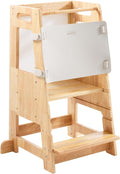 Toddler Kitchen Stools Helper with Adjustable Height and Anti-Slip Protection, Kids Standing Tower with Safety Rail, Kids Montessori Stool with Learning Chalkboard, Natural