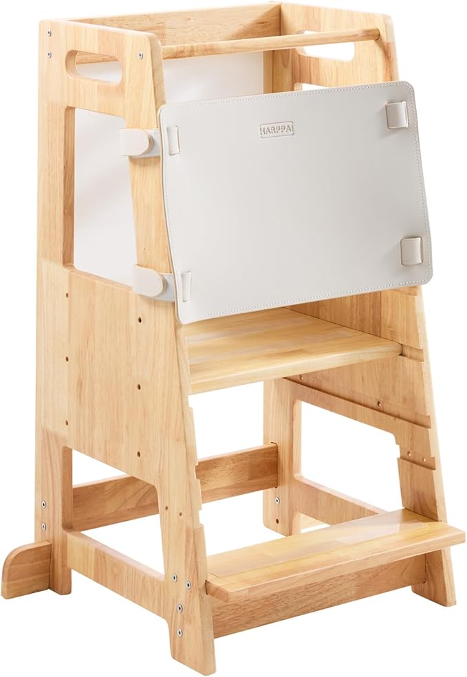 Toddler Kitchen Stools Helper with Adjustable Height and Anti-Slip Protection, Kids Standing Tower with Safety Rail, Kids Montessori Stool with Learning Chalkboard, Natural