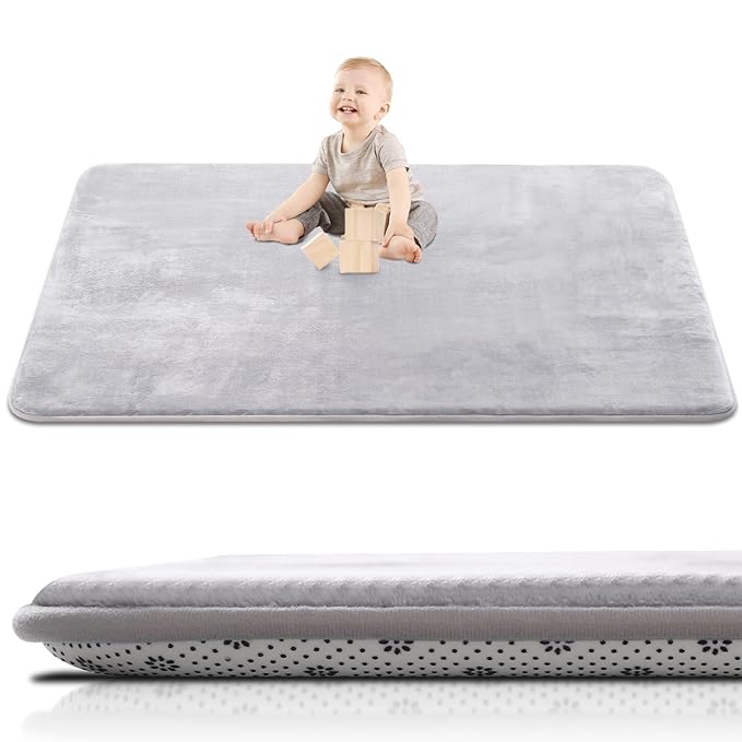 Thick Baby Play Mat for Floor, 59 x 71 Playpen, Large Tummy Time Foam, Ultra Soft Support & Plush Feel Nursery Rug, Easy Care With Non-Slip Cushioned for Infant, Kids and Toddler Crawling, Grey