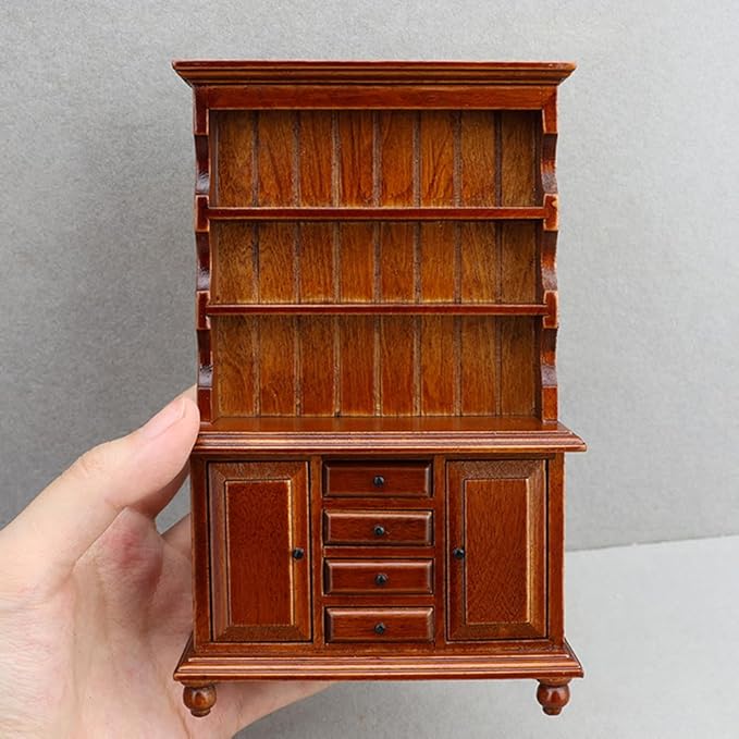 Dollhouse Furniture, Doll Display Cabinet with Drawers 1:12 Scale Miniature Dollhouse Vintage Wooden Bookcase Mini Bookshelf Living Room Dolls & Accessories DIY Decorations for Girls and Boys