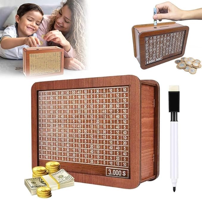 Wooden Coin Bank Money Saving Box, Cash Vault Wooden Savings Box, Wooden Digital Piggy Bank with Counting Target, Money Vault Savings for Boys and Girls (3000 Savings Challenge Box)