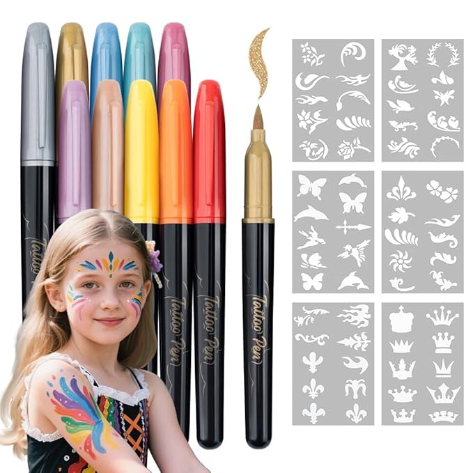 Transon 10 colors Face Painting Marker for Halloween and Makeup Parties Temporary tattoo Painting Body Painting with Brush Tip Including Stencil Stickers