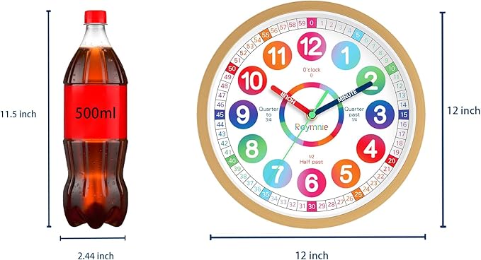 Wall Clock for Kids Learning - Teaching Time Wall Clocks Battery Operated Silent Non Ticking - Analog Colorful Clock Decorative for Kids Room Classroom School(12 Inch)