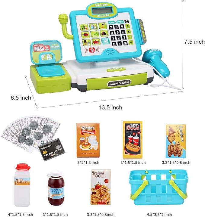 FS Pretend Play Calculator Cash Register Toy as Preschool Gift for Kids, Classic Count Toy with Sound, Microphone, Scanner, Pretend Credit Card, Play Food for Boys & Girls,45 Pieces, Ages 3 4 5 6 7