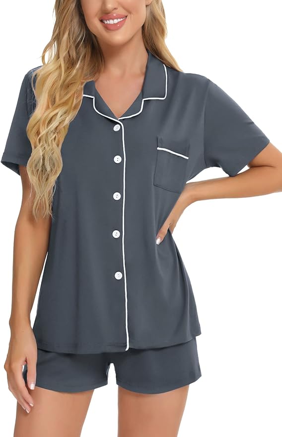 SWOMOG Womens Button Down Pajamas Set Short Sleeve Sleepwear Bride Soft Pj Lounge Sets XS-3XL