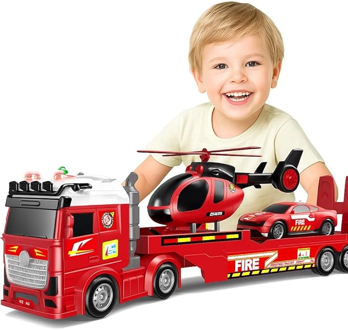Kids Toys for Ages 3 4 5 6 7 8 Years Old Boys, 25" Large Fire Semi Truck with Helicopter & Race Car, Friction Powered Vehicle with Lights & Sounds,Birthday Gift for Boys Girls