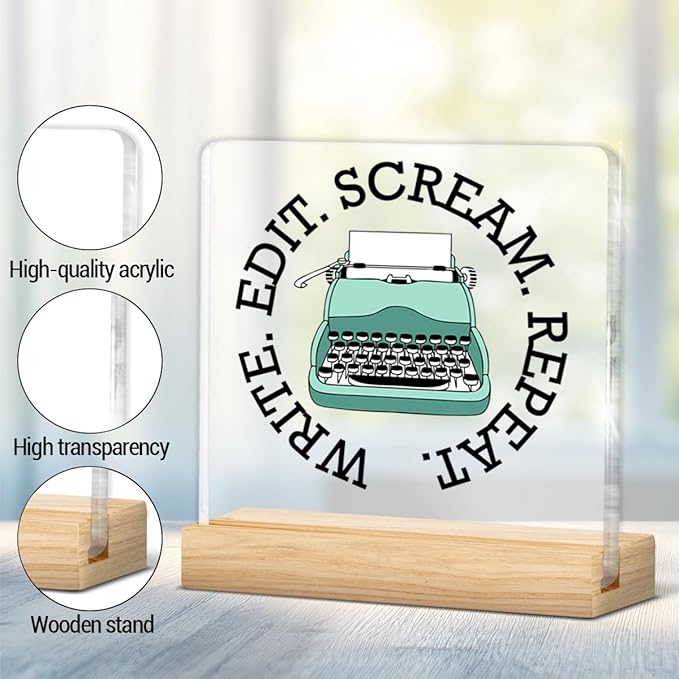 Writer Gifts for Men Women, Funny Gifts for Writers Editors Typewriter Authors Novelist, Acrylic Plaque Sign with Wooden Stand Home Office Decor