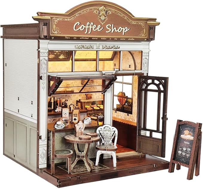 Book Nook Kit，DIY Miniature Dollhouse Kit for Adults and Teens，3D Wooden Tiny House for Family and Friends，Bookshelf Decor in Halloween/Christmas (DH-Garden-Cafe)