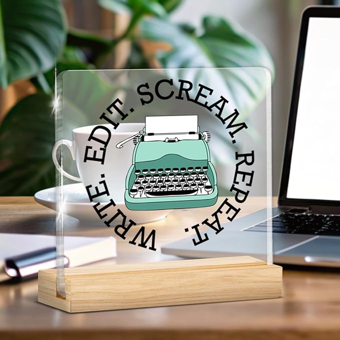 Writer Gifts for Men Women, Funny Gifts for Writers Editors Typewriter Authors Novelist, Acrylic Plaque Sign with Wooden Stand Home Office Decor