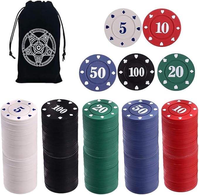 IXIGER 200Pcs Poker Chips, Poker Chips Set with Denominations for Card Board Game, Plastic Game Chips with Black Velvet Pouch Bag, Math Counting Chips,Game Night Party Supplies