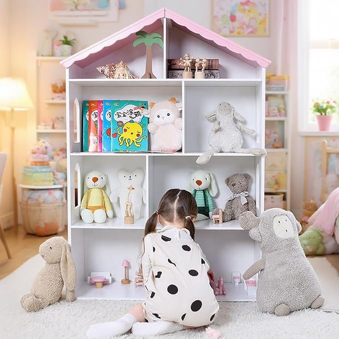 Wooden Dollhouse Bookshelf 4-Tier Children's Bookcase Display Storage Doll House Organizer Furniture for Kids Bedroom Playroom Nursery Kindergarten Gift for Boys Girls Ages 3-8 Years Old