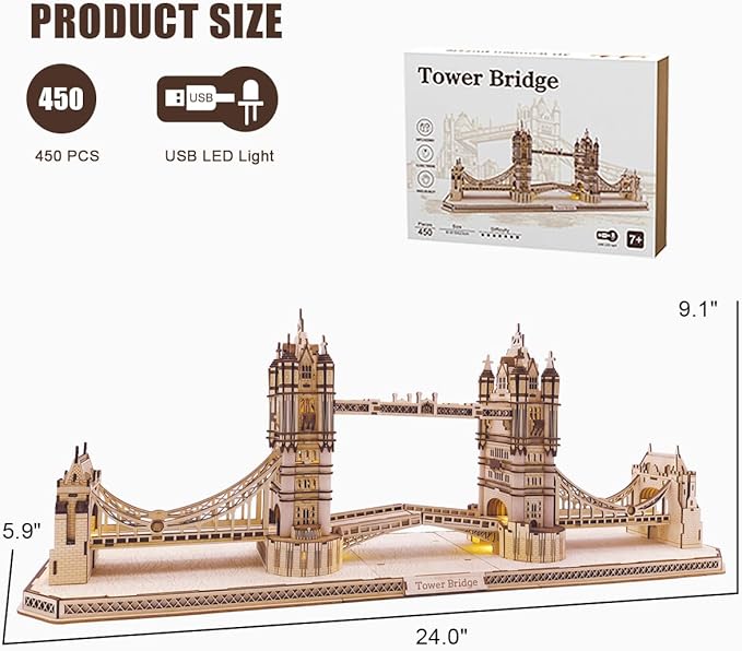 3D Wooden Puzzles for Adults, 3D Puzzle London Tower Bridge Model Kit for Adults, Led Light DIY Games Gift on Birthday Christmas, Building 3D Puzzle
