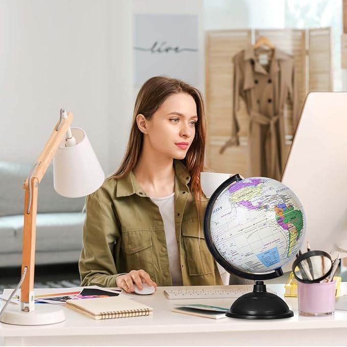 8 Inch World Globe with Stand Rotating Earth Spinning Globe for Kids Geography Classroom Education or Decorations (White)