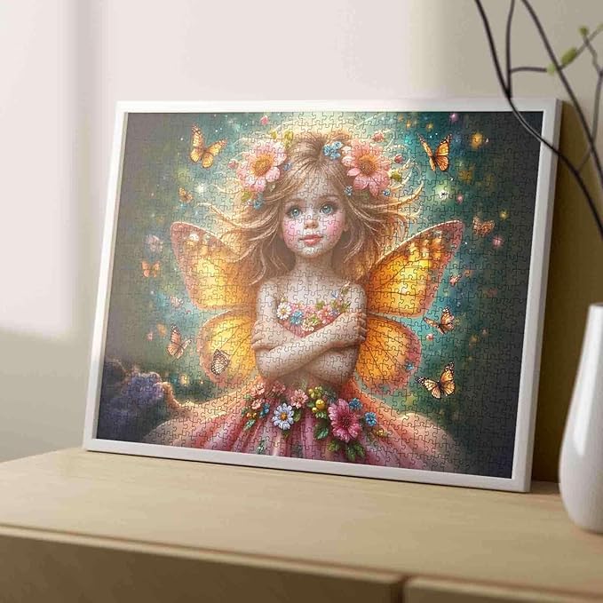 Tucocoo Puzzles for Adults 1000 Piece, Orange Wing Fairy Girl Surrounded by Butterflies, Fantasy Puzzle for Relaxation, Enchanted Dreamy Night Sky Scene Puzzle Challenging Jigsaw Gift Home Decor