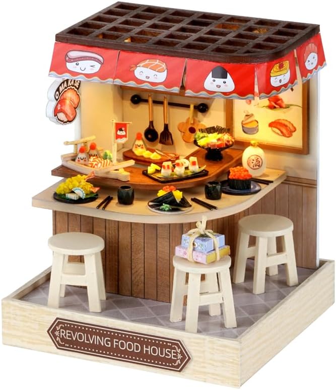 TuKIIE DIY Miniature Dollhouse Kit with Furniture, 1:24 Scale Creative Room Mini Wooden Doll House Plus Dust Proof for Kids Teens Adults(Revolving Food House)