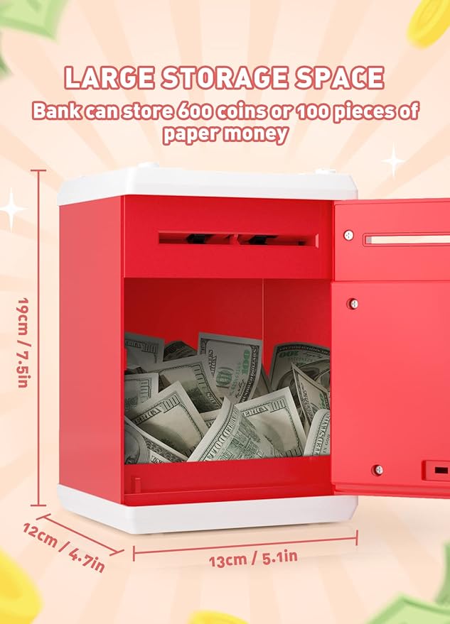 Piggy Bank for Girls Boys Large Electronic Money Coin Banks with Password Protection, Automatic Paper Money Scroll Saving Box, Great Gift for Kids (Red-White)