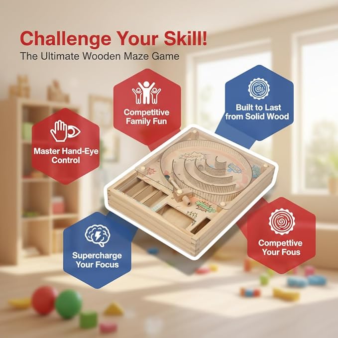 Wooden Marble Run, Marble Game, Wooden Pinball Rolling Toy, Mini Pinball Tabletop Machine with Stand, 10 Glass Marbles