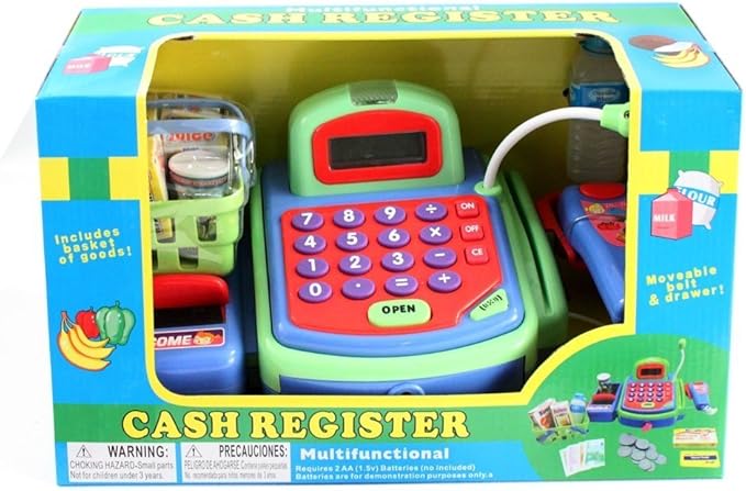 YMCtoys Pretend Play Electronic Cash Register Toy Realistic Actions & Sounds Green/Blue/Red