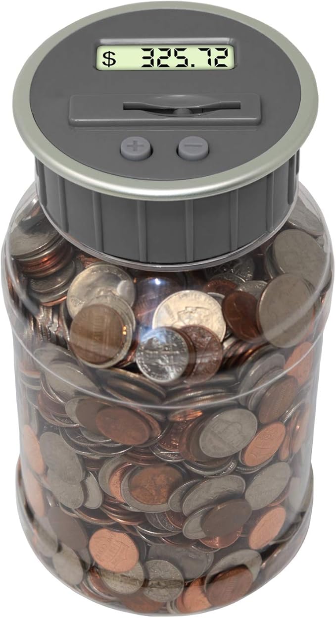 Teacher's Choice Digital Coin Bank, Savings Jar, and Piggy Bank | Automatic Coin Counter Totals All U.S. Coins Including Dollars and Half Dollars - Original Style, Clear Jar w/Grey Lid