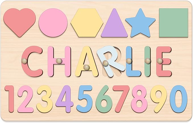 Name Puzzle for Kids Personalized, 1st Birthday Girl and Boy,Custom Baby Easter Gifts with Engraved Text on Back, Montessori Learning Toys for Boy & Girl (Pink Gradient)