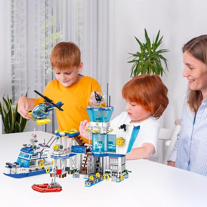 MindBox Police Station Building Blocks Set, 800pcs Building Toy with Ship,Boat & Helicopter for Boys 8+
