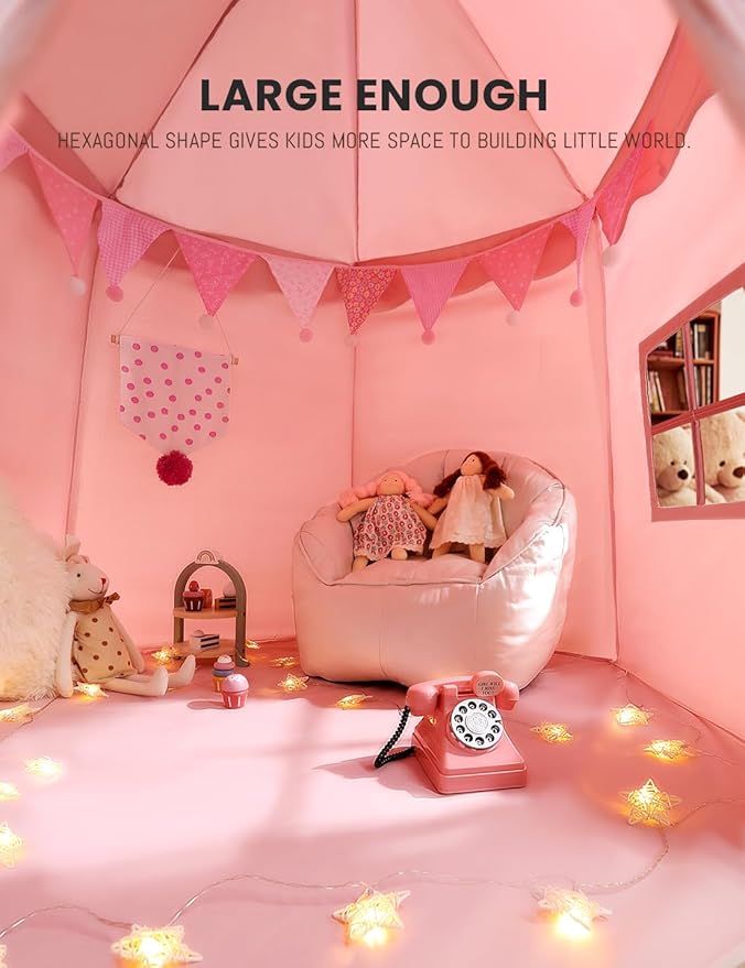 besrey Hexagonal Kids Play Tent, Large Children's Fort with Star Lights, Easy Setup for Indoor Outdoor Playhouse, Gift for Boys Girls, Pink