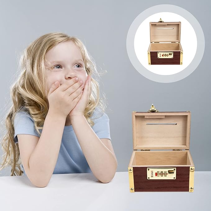 BESPORTBLE Pirate Treasure Box Wooden Piggy Bank with Lock Vintage Coin Bank for Kids Small Treasure Chest Coin Saver 5.78X3.74X3.74 Inches