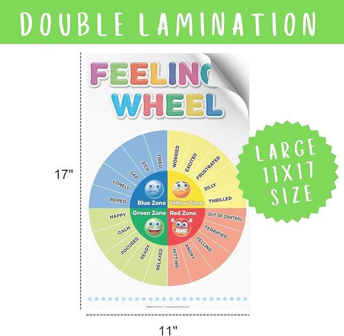DeeDee's Workshop 4 Feelings Chart For Kids, Feelings Wheel Posters, Emotions Poster, Calm Down Corner Poster, Autism Sensory Products, Set of 4 (11 x 17 inches), Large
