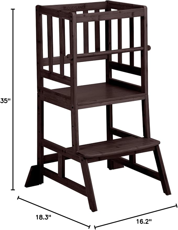 COSYLAND Toddler Standing Tower - Adjustable Height Toddler Kitchen Stool Helper - Kids Kitchen Step Stool for Learning with Removable Safety Railing Black Walnut Color