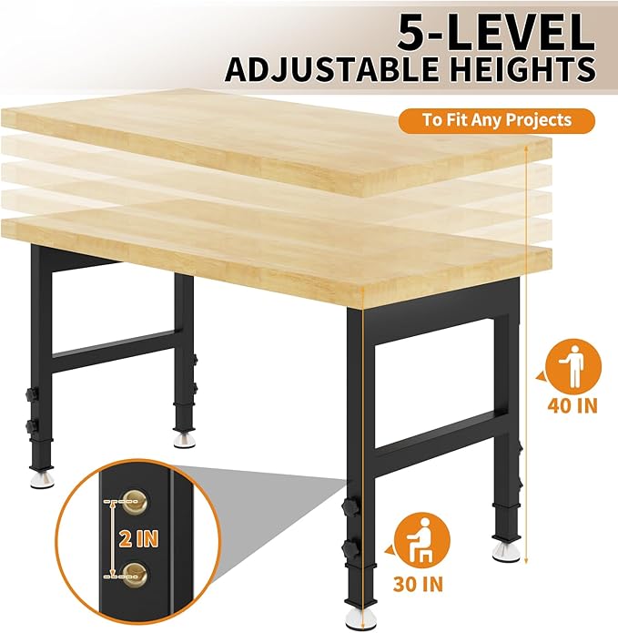 48" Adjustable Height Workbench, Heavy-Duty Work Table, Chipboard Top Wooden Workbench for Garage, Workshop, Office