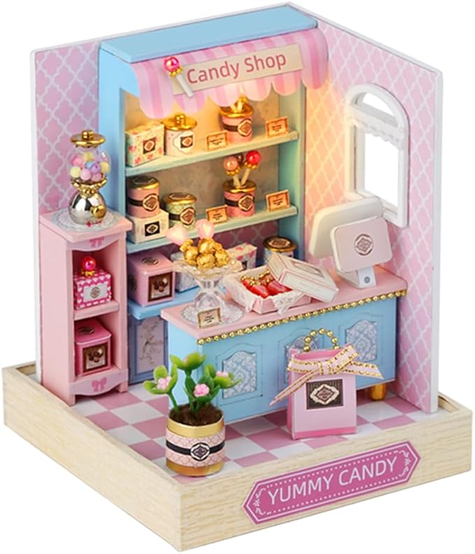 TuKIIE DIY Miniature Dollhouse Kit with Furniture, 1:24 Scale Creative Room Mini Wooden Doll House Plus Dust Proof for Kids Teens Adults(Yummy Candy)