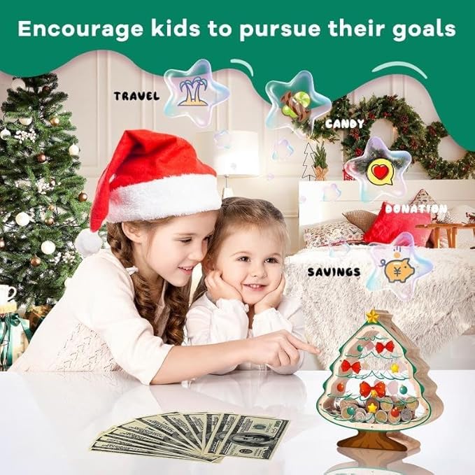 Wooden Christmas Piggy Bank for Kids, Christmas Tree Piggy Bank with Acrylic Panels, Unbreakable Toddler Money Box for Boys Girls, DIY Safe Coin Bank with Letter Sticker, Christmas, Birthday Gift