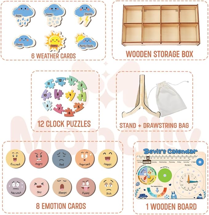Interactive Calendar for Kids Ages 3+, Wooden Toddler Calendar, Teaching Seasons, Years, Months, Days of Week, Daily Activity Calendars for Kid Preschool & Homeschool (04 - boy Name)