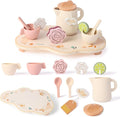 Wooden Tea Party Set for Little Girls Toddler, Princess Tea Cupcake Stand Food Dessert, Play Kitchen Accessories for Toddlers 3 4 5 6 Years Old, Wooden Toys Birthday Kids Girls Gifts 3-6
