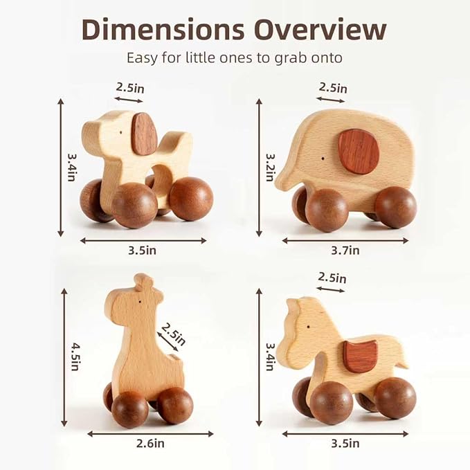 Wooden Push Car Toy Set – 4PCS Montessori Wooden Cars for Kids Age 3+ | Push & Pull Animal Toy Cars (Puppy, Elephant, Pony, Giraffe) | Safe Wooden Baby Toys Gift